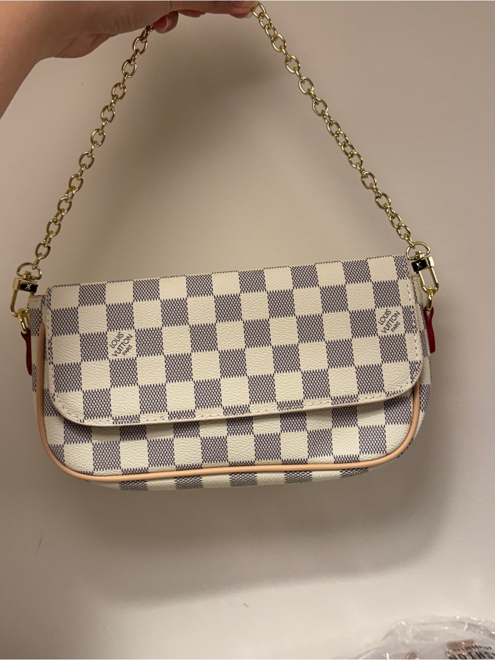 Shoulder Bag with Gold Chain and Tan Trim
